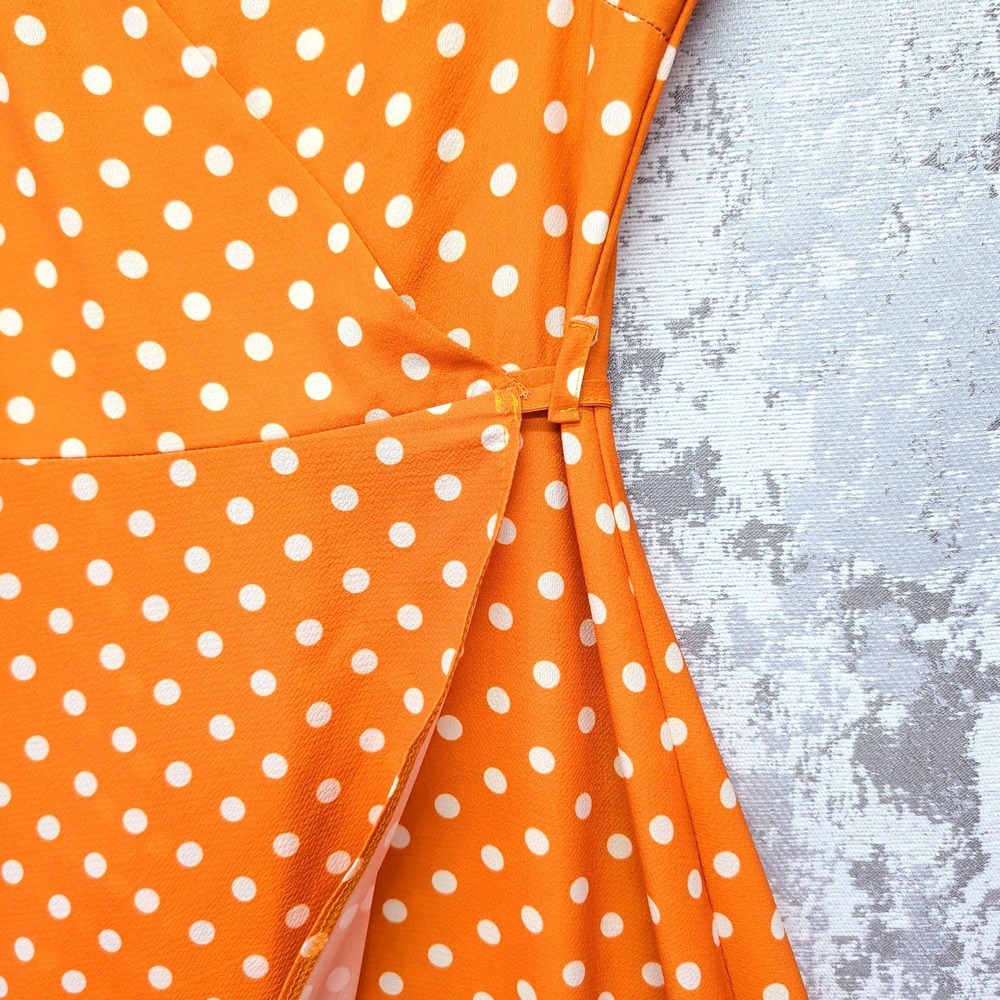 LIVAGIRL Orange Polka Dot High-Low Wrap Dress Small V-Neck Short Sleeve New - Picture 7 of 15